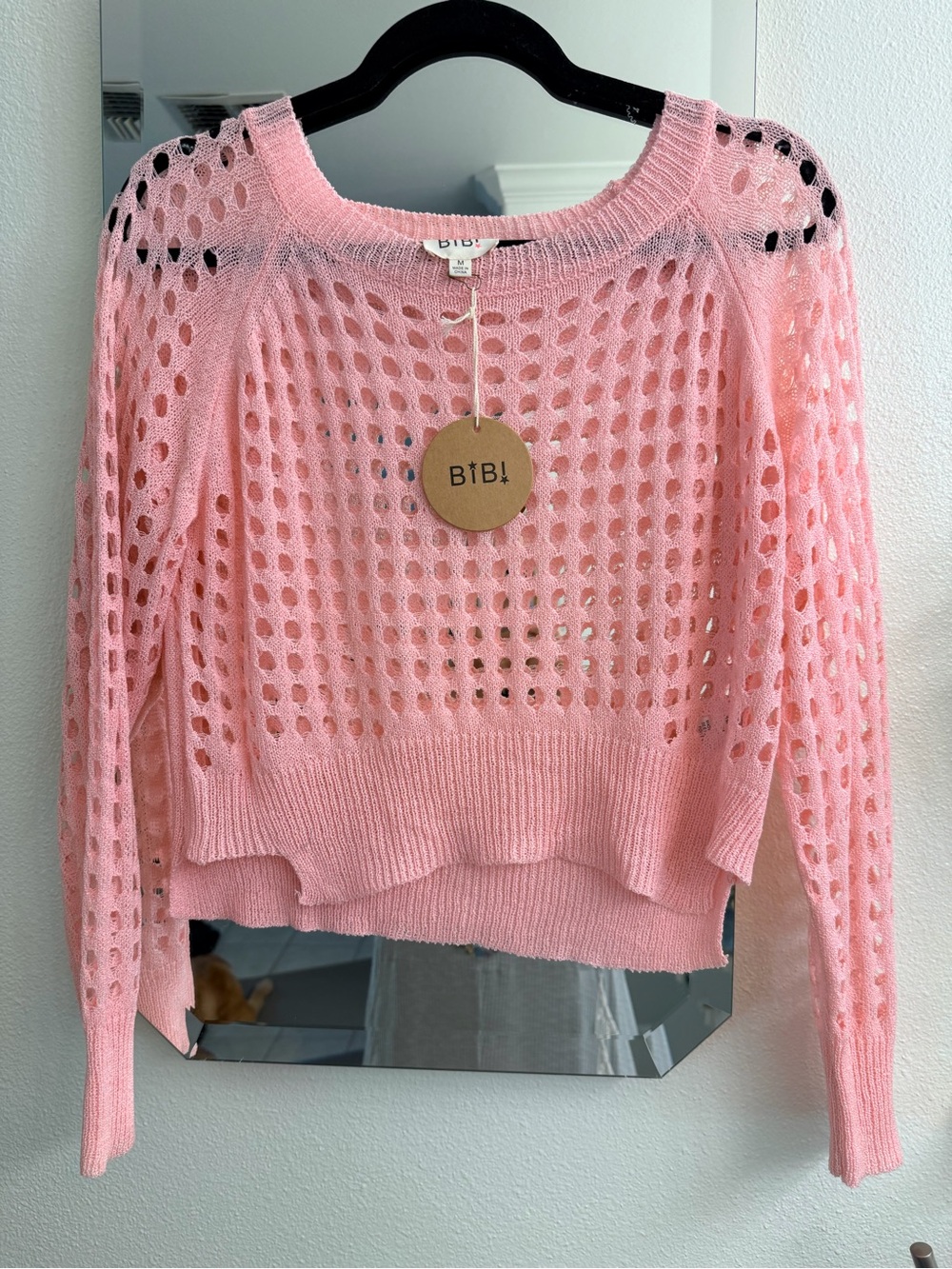BiBi Pink Open-Knit Crewneck Sweater